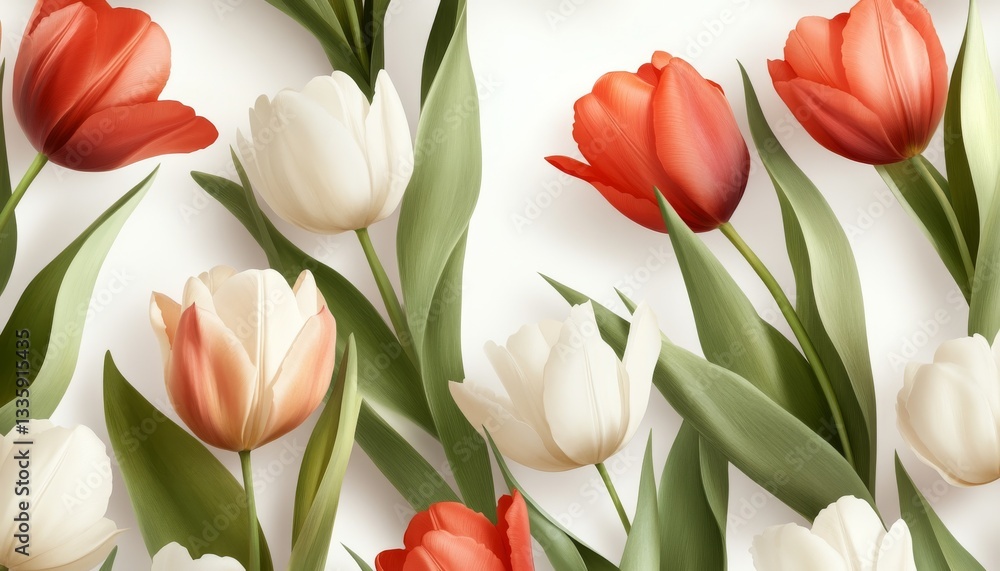 Fototapeta premium Delicate tulips in soft shades of red and white