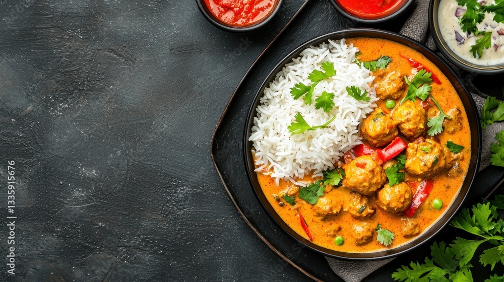 Mouthwatering butter chicken curry and white rice a classic indian cuisine with cilantro fresh herbs and colorful ingredient on black background Mouthwatering butter chicken curry and white rice a classic indian cuisine with cilantro fresh herbs and colorful ingredient on black background