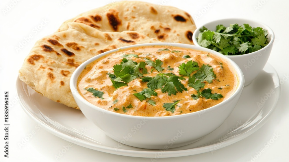 Creamy butter chicken with soft naan bread and fresh cilantro on white elegant plate studio shot Creamy butter chicken with soft naan bread and fresh cilantro on white elegant plate studio shot