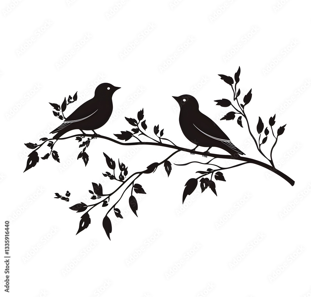 Two elegant black silhouette birds perched on a leafy branch create a lovely nature scene perfect for design projects. Two elegant black silhouette birds perched on a leafy branch create a lovely nature scene perfect for design projects.