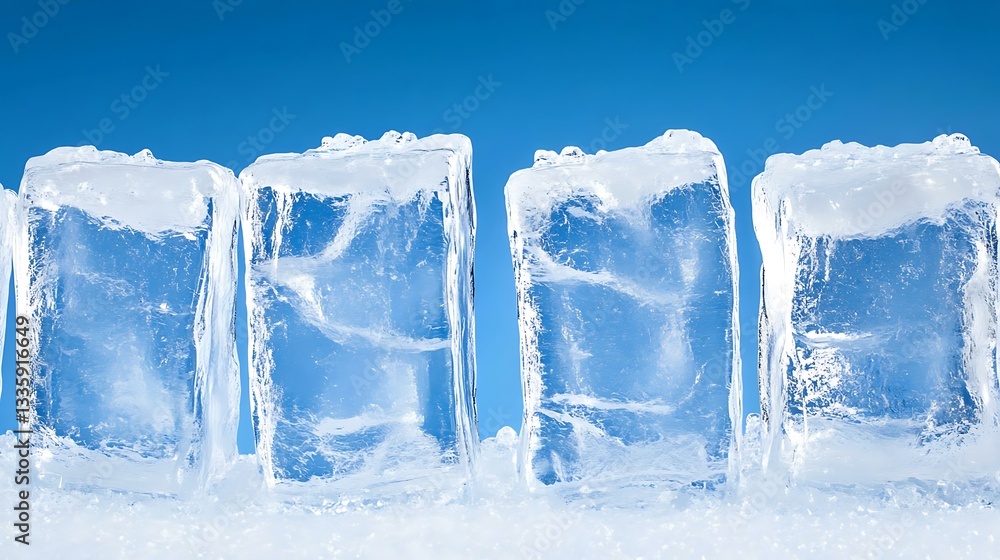 Obraz premium Four clear ice cubes sit in a pile of frosty snow