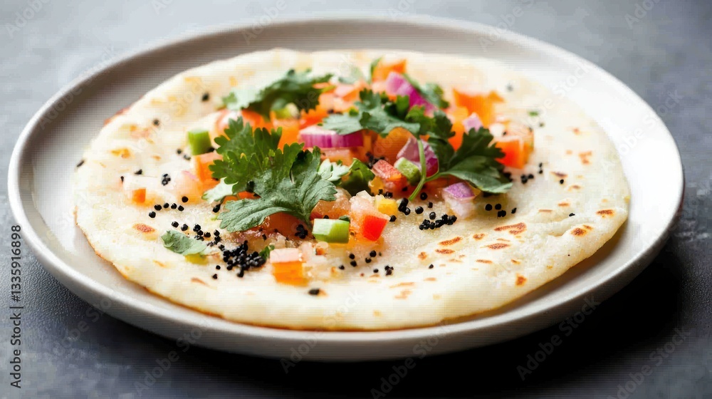 Delicious uttapam presented on plate garnished with herbs and vegetables in artistic arrangement background Delicious uttapam presented on plate garnished with herbs and vegetables in artistic arrangement background