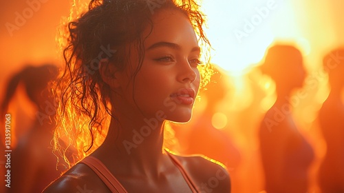 Wallpaper Mural Young Woman with Curly Hair and Soft Expression Surrounded by Silhouettes in Warm Sunset Glow Torontodigital.ca
