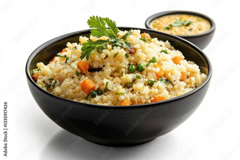 Bowl of Couscous with Carrots and Peas in Black Bowl Food Photography Close Up Delicious Healthy Food Presentation Bowl of Couscous with Carrots and Peas in Black Bowl Food Photography Close Up Delicious Healthy Food Presentation