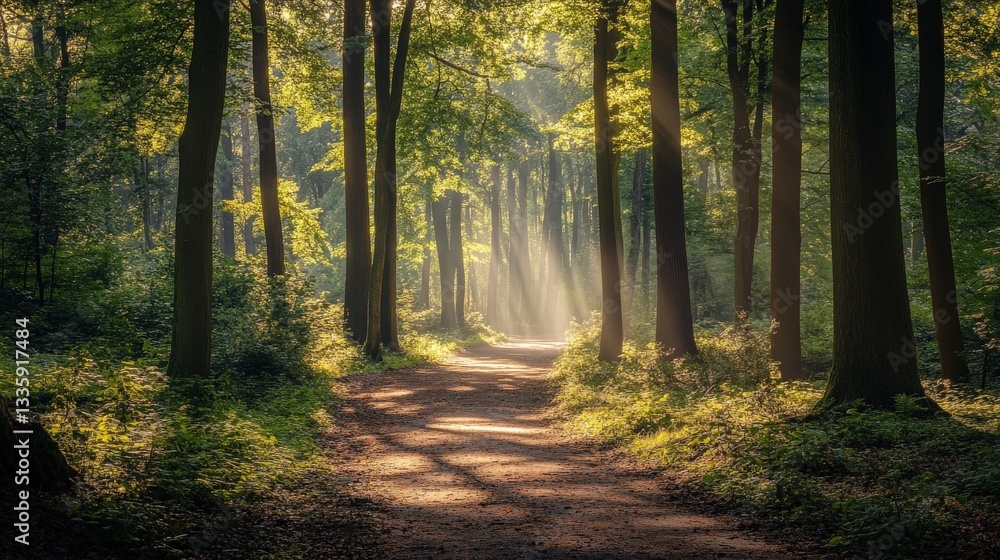 Fototapeta premium A Serene Forest Path Illuminated By Golden Sunlight Through Tall Trees