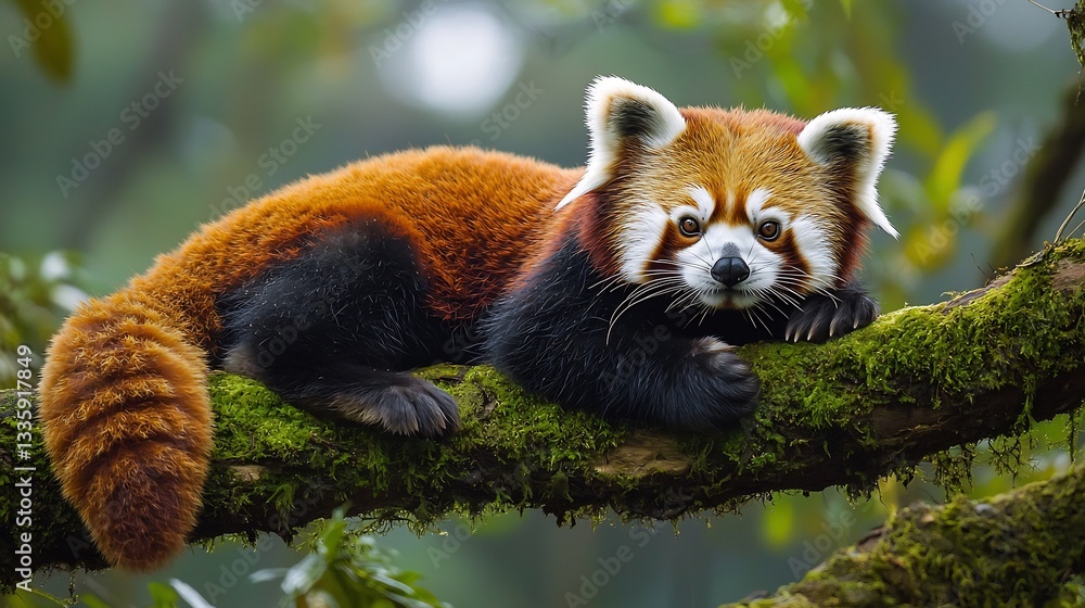 Obraz premium Breathtaking Red Panda lounging on a moss covered branch in the misty forests of Nepal its fiery red fur contrasting beautifully with the deep green surroundings