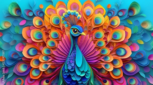 Vibrant colorful peacock in 3D layered paper art style with intricate feather details and neon hues against a blue background

