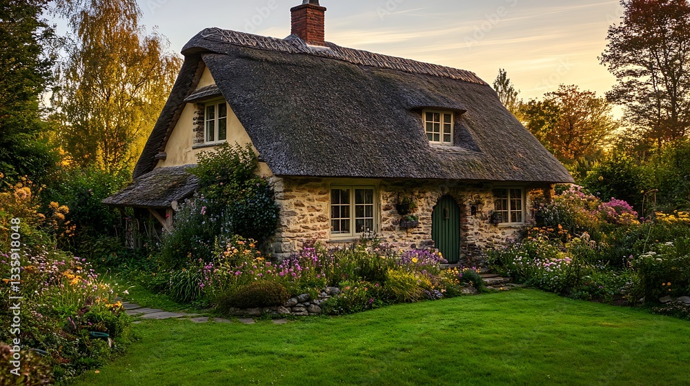 Fototapeta premium Charming Cottage House with Thatched Roof and Lush Garden at Sunset