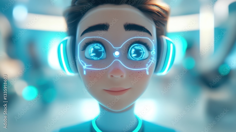 Futuristic Young Person with Glowing Cybernetic Interface, Technology Illustration. Futuristic Young Person with Glowing Cybernetic Interface, Technology Illustration.