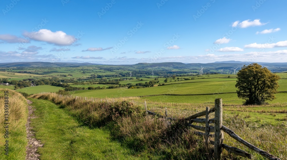 Panoramic view of rolling green hills and valleys under a partly cloudy blue sky. A path winds through the foreground Panoramic view of rolling green hills and valleys under a partly cloudy blue sky. A path winds through the foreground