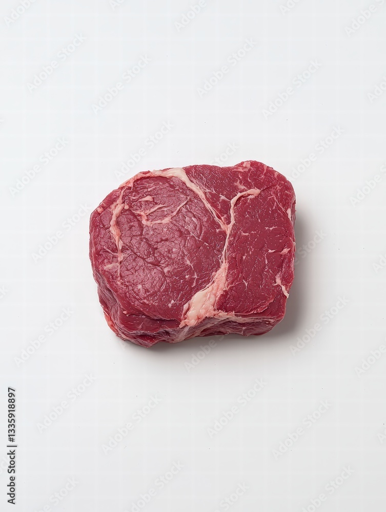 A single piece of raw meat sitting on a clean white surface ready for cooking and preparation A single piece of raw meat sitting on a clean white surface ready for cooking and preparation