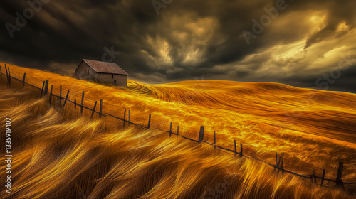 A solitary farmhouse in the middle of a vast golden wheat field, with a dramatic cloudy sky above. The wind creates gentle waves across the field, and a rustic wooden fence surrounds the house