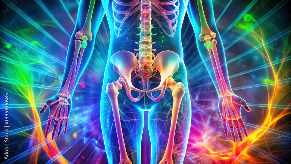 Colorful Abstract Skeleton Illustration with Energy Rays and Light Colorful Abstract Skeleton Illustration with Energy Rays and Light