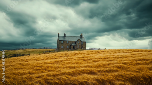 A solitary farmhouse in the middle of a vast golden wheat field, with a dramatic cloudy sky above. The wind creates gentle waves across the field, and a rustic wooden fence surrounds the house