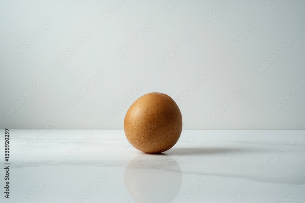 Single fresh brown egg on white marble surface clean simple studio shot food photography organic ingredient Single fresh brown egg on white marble surface clean simple studio shot food photography organic ingredient