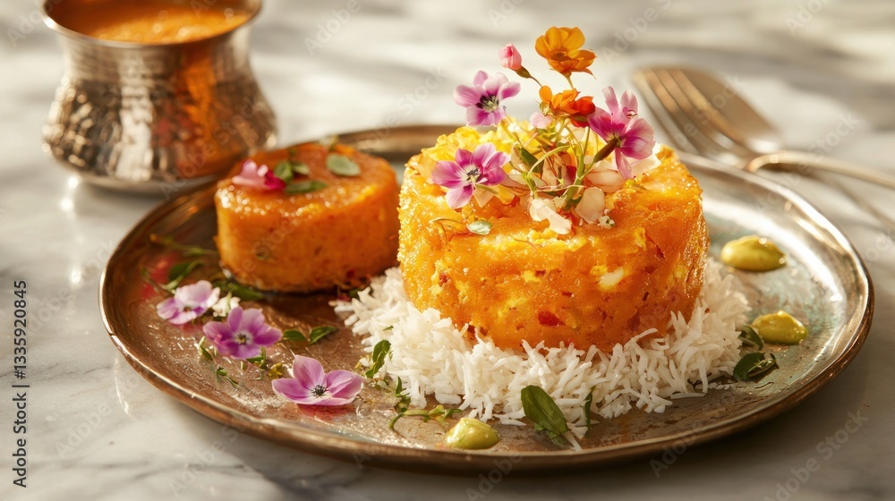 Exquisite indian dessert presentation sweet halwa adorned with colorful flowers and rice on gold plate Exquisite indian dessert presentation sweet halwa adorned with colorful flowers and rice on gold plate