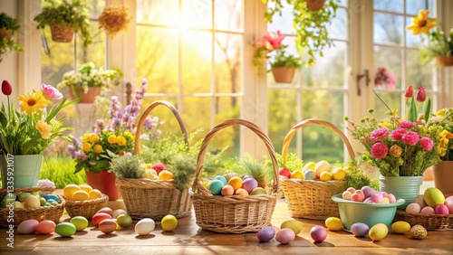 Sunlit Springtime Celebration Colorful Easter Eggs in Woven Baskets Beside Vibrant Flower Arrangements