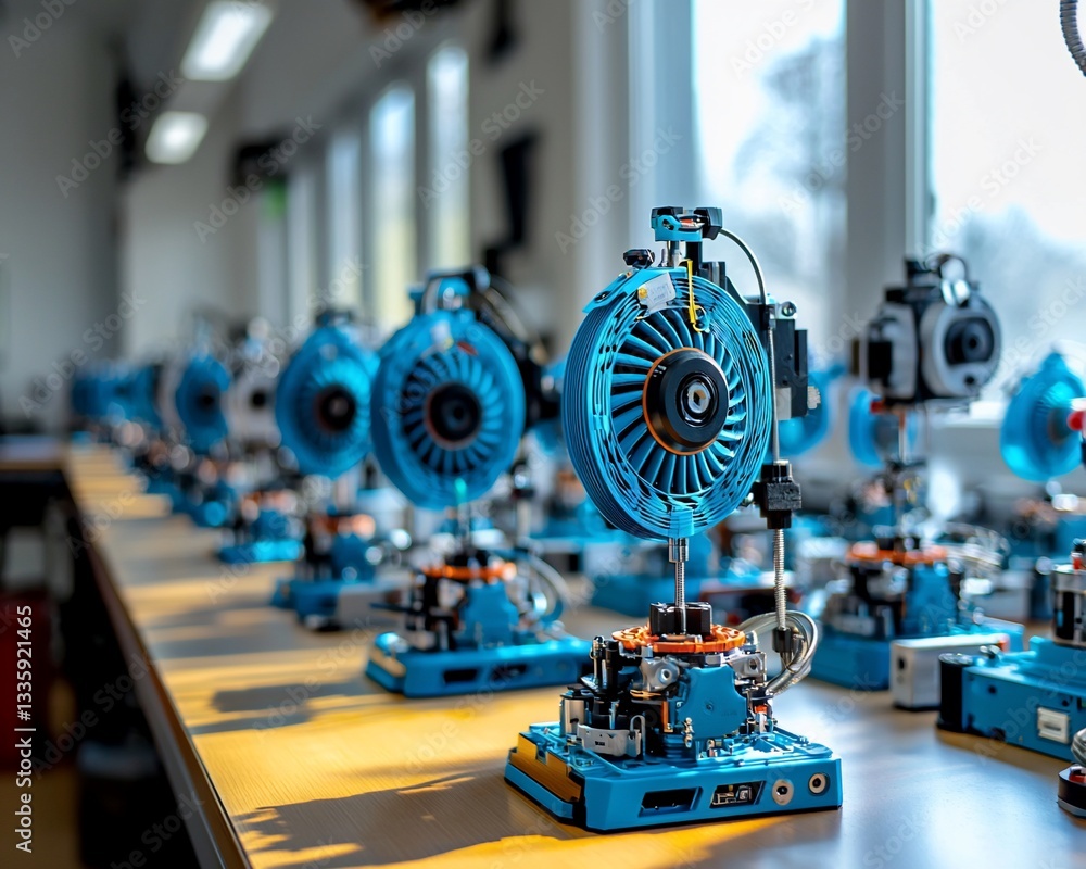 Fototapeta premium Row of blue precision engineered devices on a workbench.