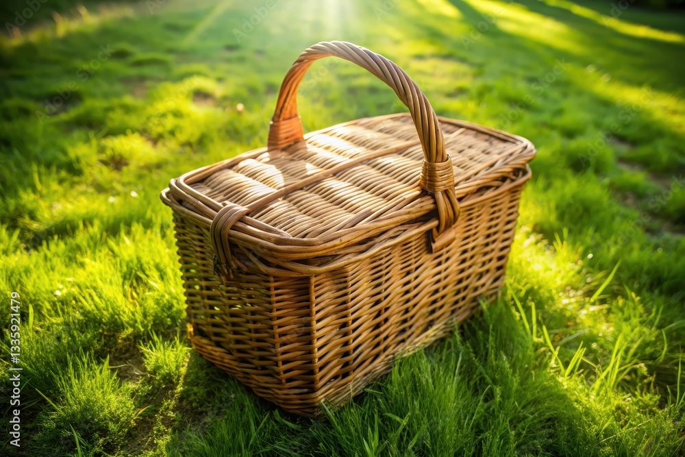 A sunlit wicker picnic basket rests gently on vibrant green grass, promising an idyllic outdoor repast A sunlit wicker picnic basket rests gently on vibrant green grass, promising an idyllic outdoor repast
