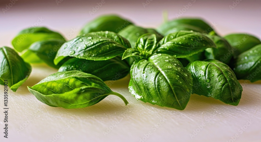 Obraz premium Vibrant Basil Leaves Spread Artfully on a Pristine White Cutting Board