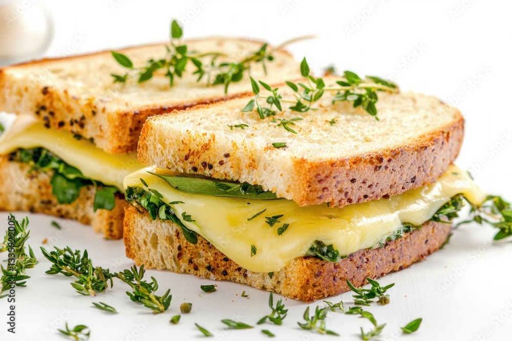 Delicious toasted sandwich with melted cheese and fresh thyme on white surface gourmet appetizing food Delicious toasted sandwich with melted cheese and fresh thyme on white surface gourmet appetizing food
