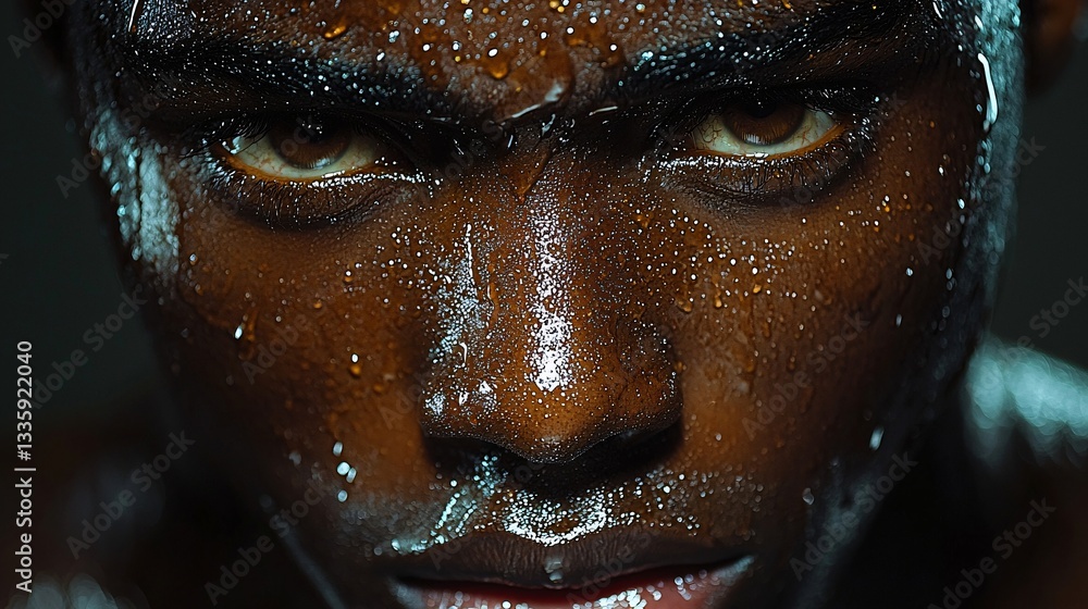 Close-Up Portrait of a Young Man with Water Droplets on Skin Capturing Intense Expression and Bold Features Close-Up Portrait of a Young Man with Water Droplets on Skin Capturing Intense Expression and Bold Features
