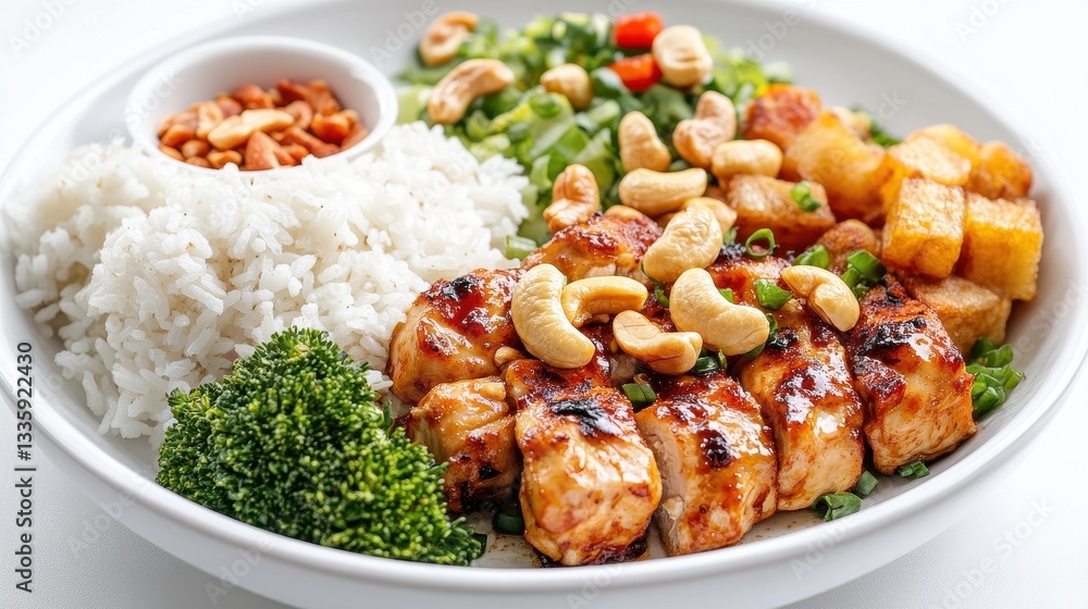 Fototapeta premium Grilled chicken with cashew nuts, rice, broccoli, and Asian-inspired salad. Perfect for showcasing healthy and delicious Asian-fusion cuisine.