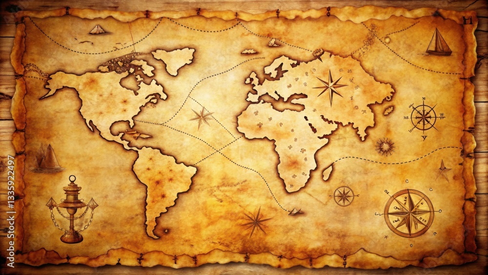 Obraz premium Vintage World Map on Old Paper Background with Nautical Elements