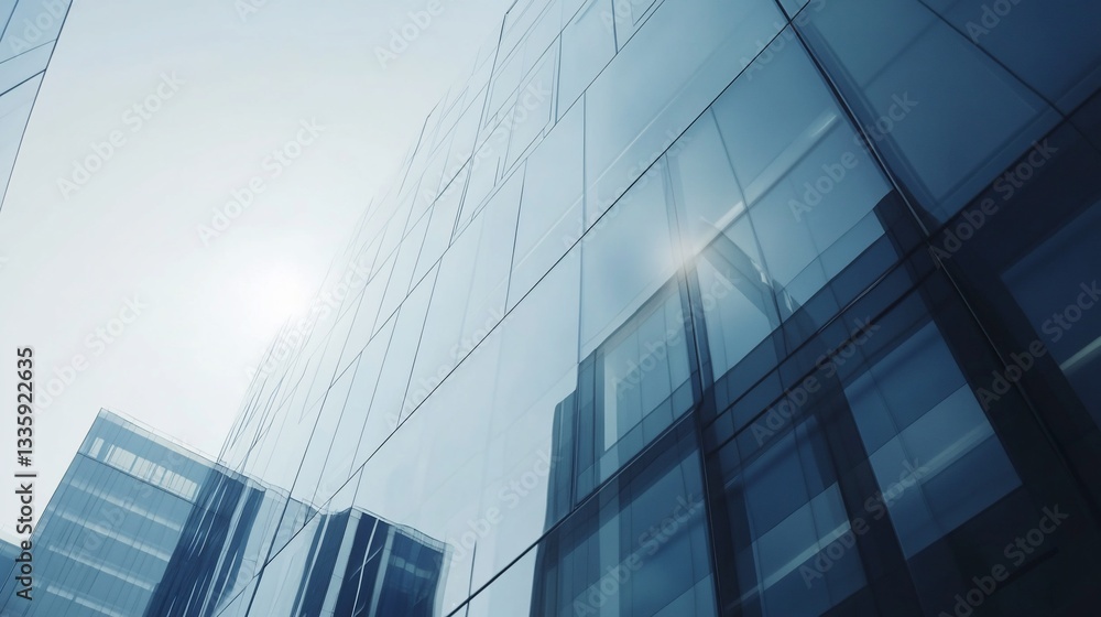Modern glass building facade with blue reflections in the daytime sky view from below Modern glass building facade with blue reflections in the daytime sky view from below