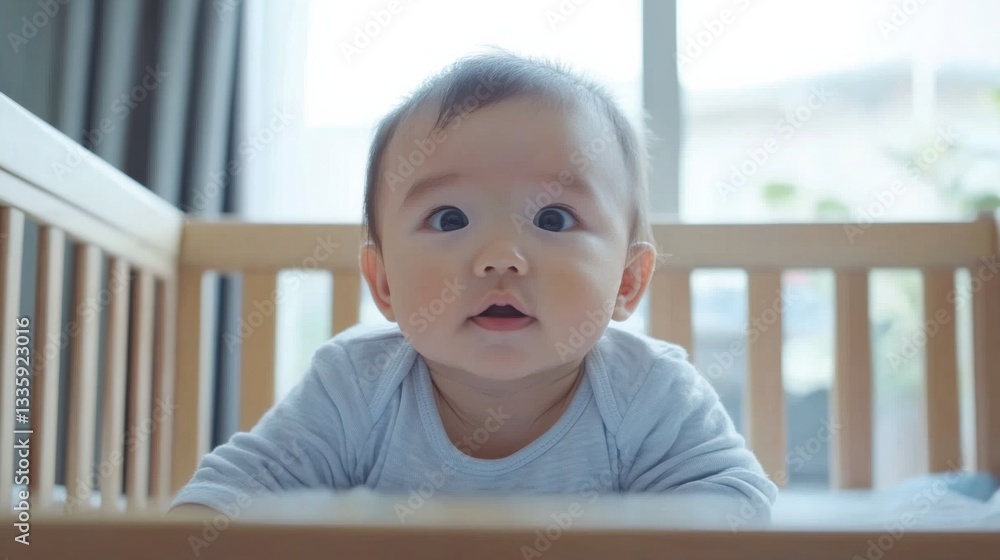Adorable Baby with Big Eyes in Crib Looking Curiously at Camera Adorable Baby with Big Eyes in Crib Looking Curiously at Camera