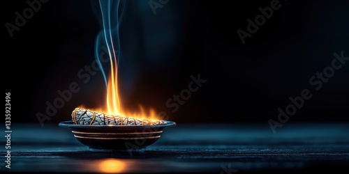 faith passion glow belief devotion concept. A glowing ember emits smoke in a dark setting.