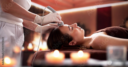 Young woman receiving hypersonic facial treatment