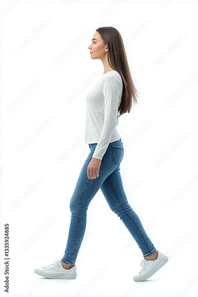 Full-Body Profile Photo of a Stylish Woman Walking in Jeans, Sneakers & Long-Sleeved Top – Side View on White Background Perfect for Profile Picture or Avatar Full-Body Profile Photo of a Stylish Woman Walking in Jeans, Sneakers & Long-Sleeved Top – Side View on White Background Perfect for Profile Picture or Avatar