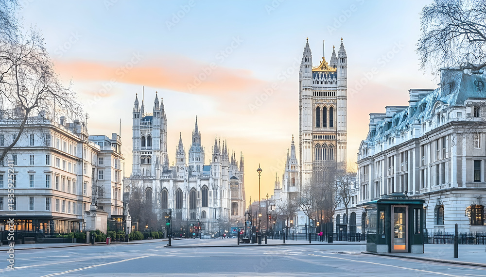 Fototapeta premium A serene view of historic architecture at sunset in a London street, showcasing iconic towers and trees
