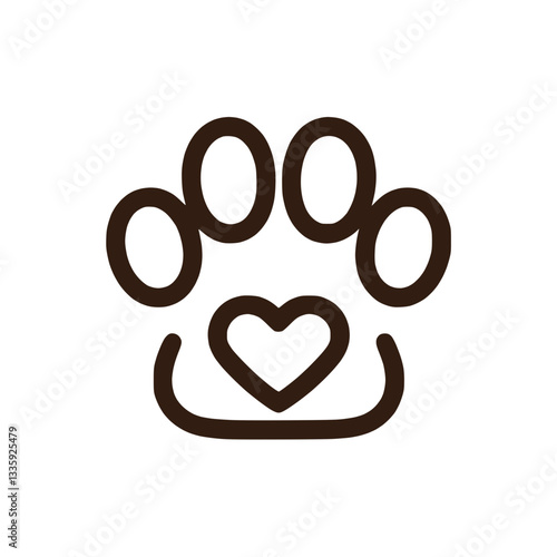 Outlined paw print silhouette icon with heart for zoological themes
