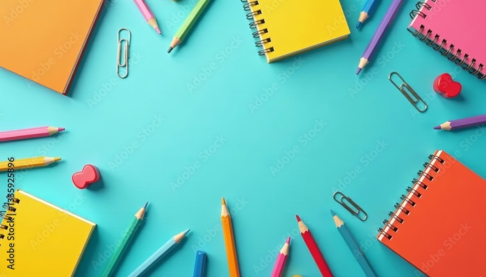 Colorful seamless pattern with pencils, notebooks, and paperclips, background, design Colorful seamless pattern with pencils, notebooks, and paperclips, background, design