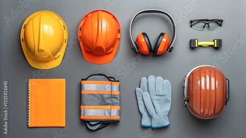 Arrangement of essential work safety labour day equipment including helmets gloves safety glasses gloves safety vests and ear muffs, equipment to minimize risks and promote secure working environment.
