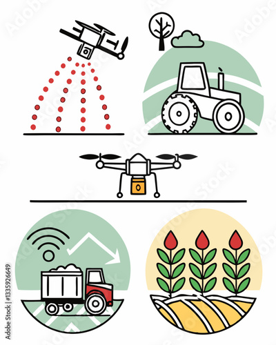 AI generated smart agriculture icons, AI-powered farming technology, automated irrigation vector graphics.
