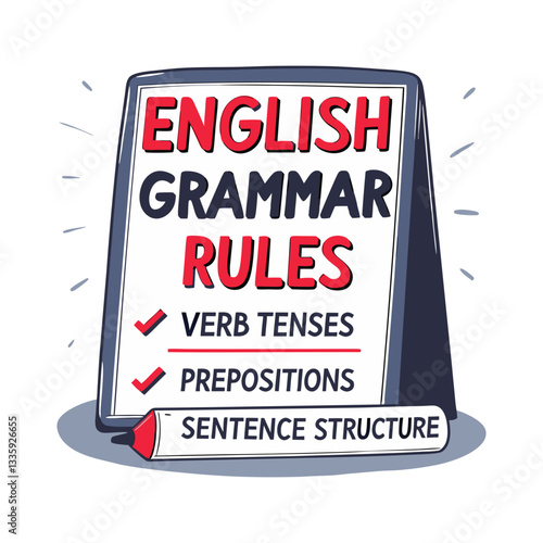 English grammar rules vector featuring verb tenses, prepositions, and sentence structure. Minimalist and modern illustration symbolizing language learning and education.