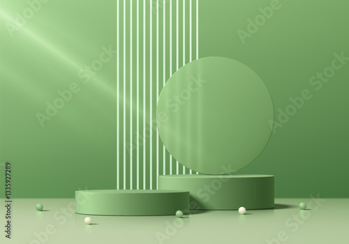 3D green cylindrical podium background with round glass, Vertical stripes scene. Minimalist mockup pedestal, Abstract stand product display presentation, Stage for showcase. Platforms vector design.
