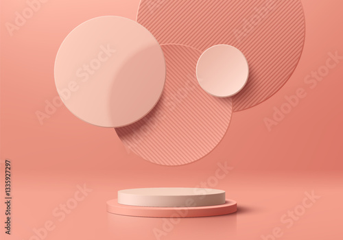 3D coral red cylindrical pedestal podium background with floating overlap circles wall scene. Minimalist mockup pedestal, abstract product display presentation, Stage showcase. Platforms vector design