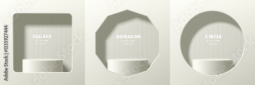 Set of white cream 3d cylindrical pedestal podium in square, nonagon and circle window on clean wall. Abstract studio room. Minimal scene for products stage for showcase, Promotion mockup display.
