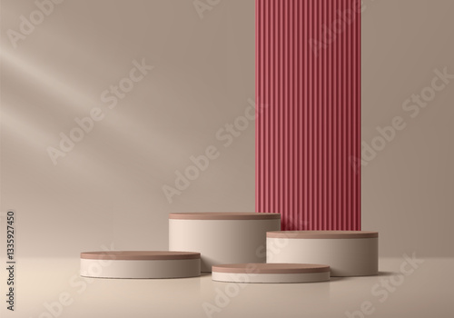 Beige 3D cylindrical podium background with red maroon backdrop. Studio wall scene. Minimalist mockup pedestal. Abstract stand product display presentation. Stage for showcase. Vector platform design.