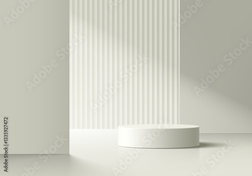 3D white and cream cylindrical podium background in room with shadow and lighting. Minimalist wall scene mockup stand product stage showcase, Banner promotion display. Abstract vector geometric forms.