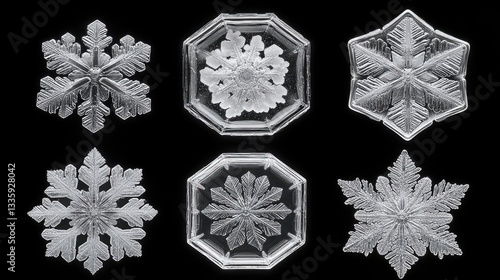 Six unique snowflakes, close-up, black background, winter nature