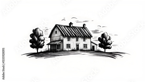 A charming black white ink sketch depicts a rustic farmhouse nestled a gently rolling hill, flanked two stylized trees.