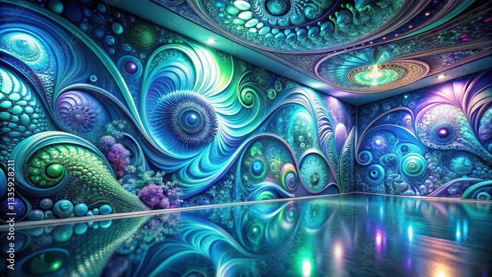 Enigmatic Underwater Realm Wall Mural in a Room with Reflective Floor Enigmatic Underwater Realm Wall Mural in a Room with Reflective Floor