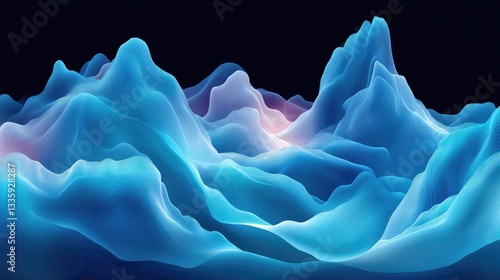 Abstract blue digital landscape; glowing peaks; dark background; tech background