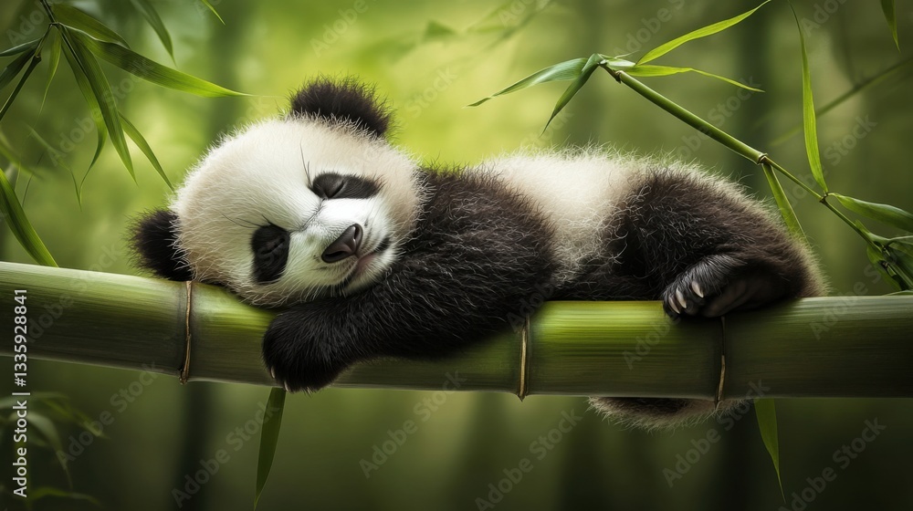 Fototapeta premium Adorable Baby Panda Cuddling on a Bamboo Tree in a Forest Setting
