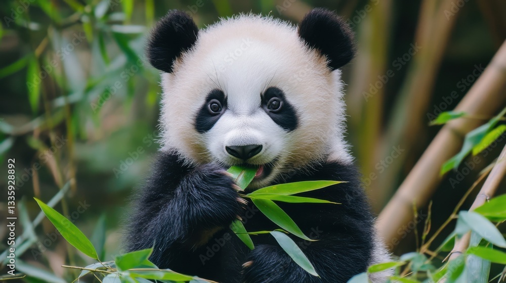 Obraz premium Adorable Baby Panda Eating Bamboo in Lush Green Habitat
